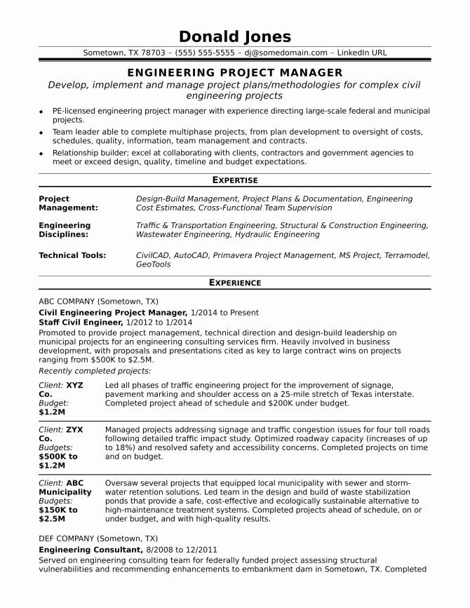 Engineering Contract Template Lovely Civil Engineer Project Manager Sample Resume