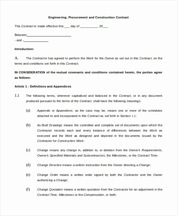 Engineering Contract Template New Sample Construction Contract form 10 Free Documents In Pdf