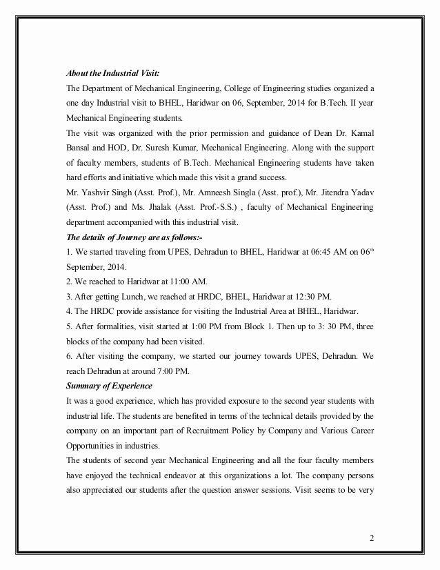 Engineering Report Example Lovely Industrial Visit for Department Of Mechanical Engineering