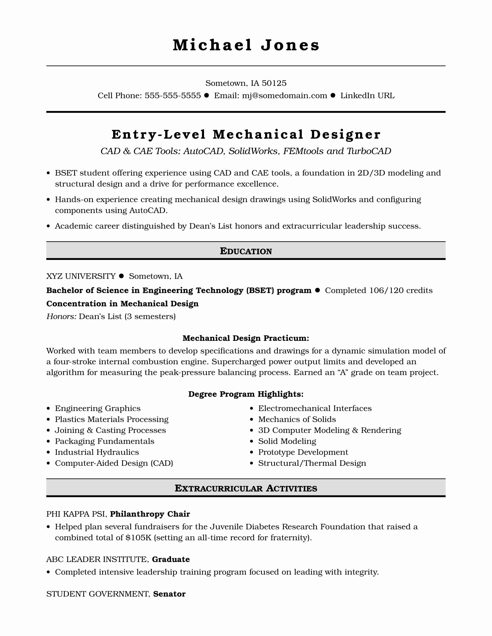 Entry Level Mechanical Engineering Resume