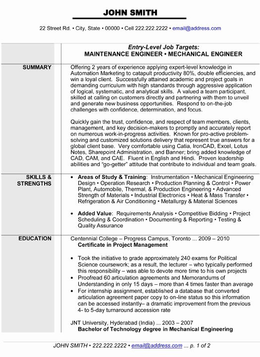 Entry Level Mechanical Engineering Resume Elegant Maintenance or Mechanical Engineer Resume Template Want