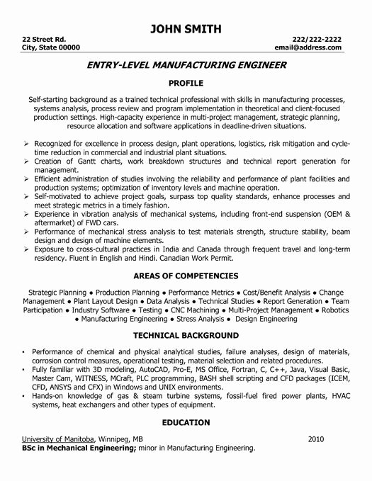 Entry Level Mechanical Engineering Resume Luxury Entry Level Manufacturing Engineer Resume Template