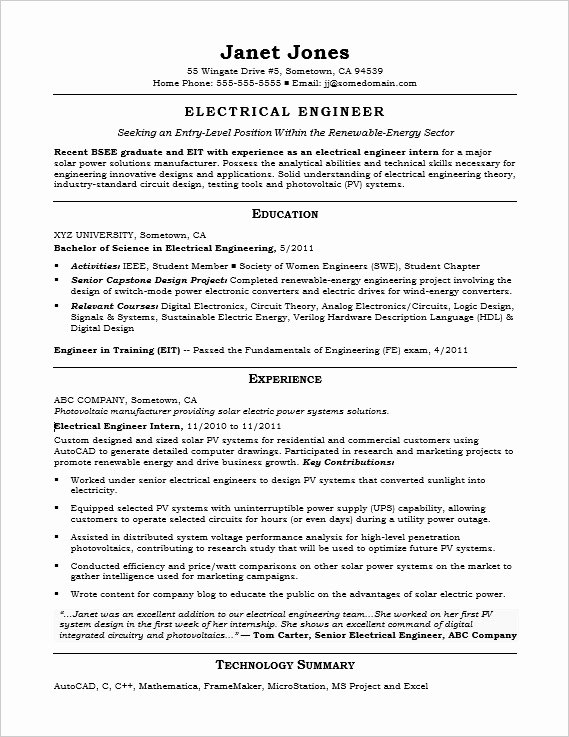 Entry Level Mechanical Engineering Resume Unique Entry Level Electrical Engineer Sample Resume