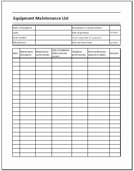 Equipment Maintenance Log Template Excel Lovely Equipment Maintenance List Template Ms Excel