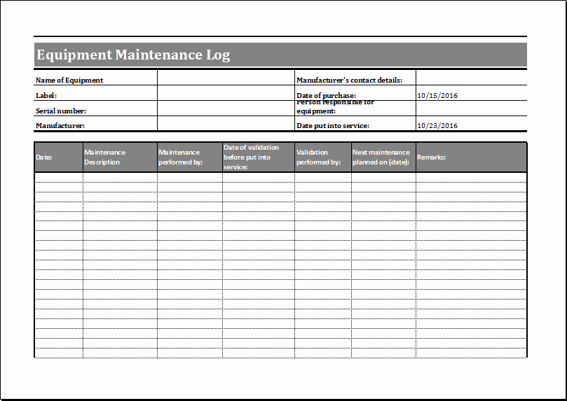 Equipment Maintenance Log Template Excel Lovely Equipment Maintenance Schedule Template Excel