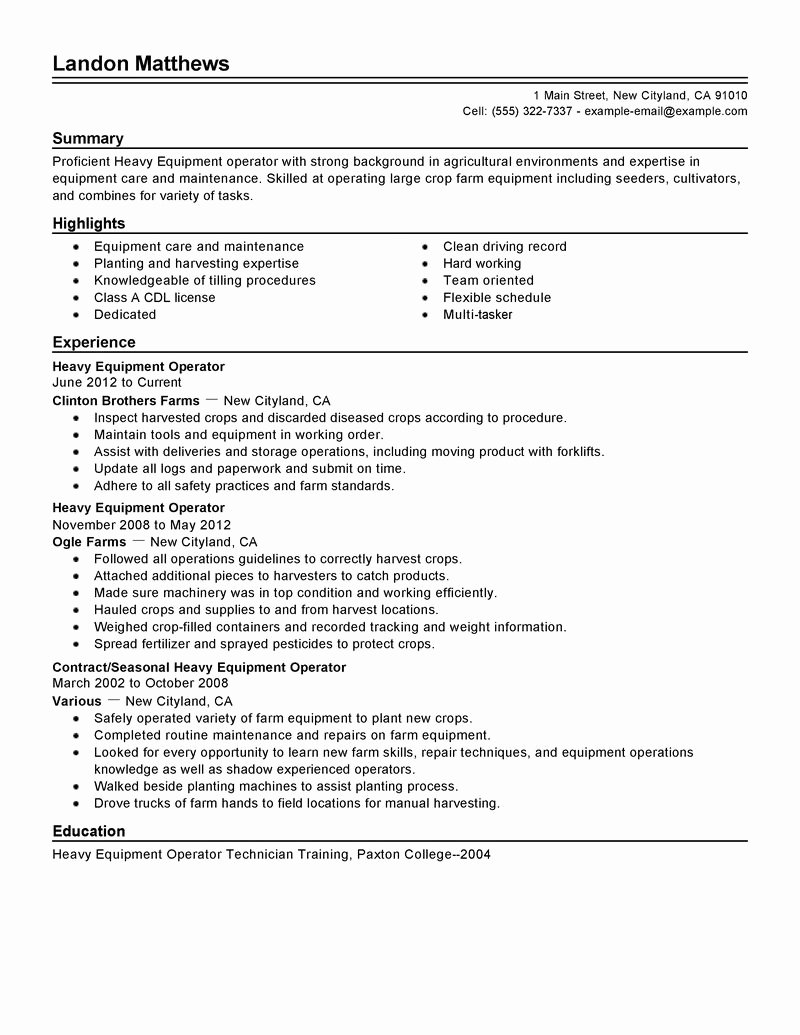 Equipment Operator Certification Card Template Luxury Heavy Equipment Operator Resume Template