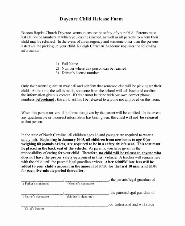 Equipment Release form Awesome Sample Daycare form 10 Examples In Pdf Word