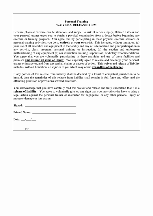 Equipment Release form Best Of Personal Training Waiver &amp; Release form Printable Pdf