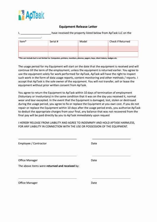 Equipment Release form Best Of Sample Equipment Release Letter Template Printable Pdf