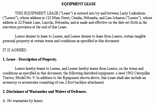 Equipment Release form Unique Example Document for Equipment Lease Equipment Leasing