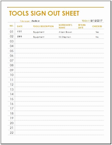 Equipment Sign Out Sheet Template Inspirational tools Sign Out Sheet Template for Excel