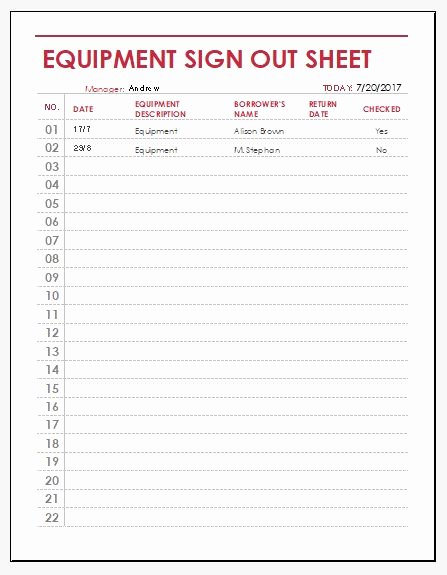 Equipment Sign Out Sheet Template Lovely Equipment Sign Out Sheet