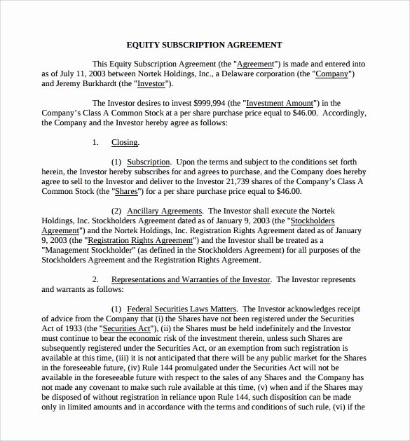 Equity Share Agreement Template Elegant Subscription Agreement 17 Free Word Pdf format