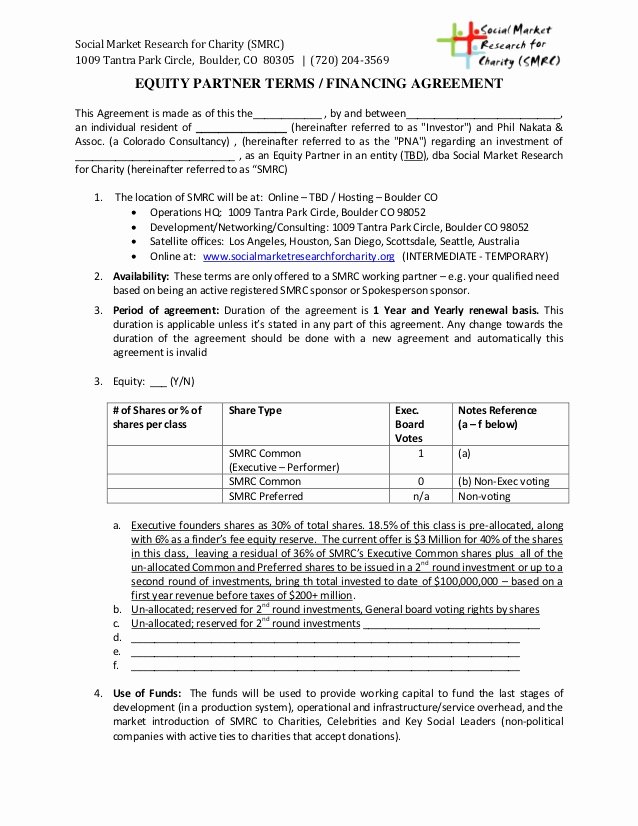 Equity Share Agreement Template Fresh Smrc Equity Partner Terms Financing Agreement