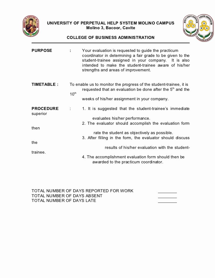 Evaluation Letter Sample for Student Awesome Ojt Evaluation