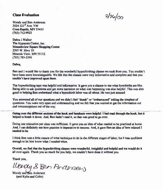 Evaluation Letter Sample for Student Beautiful Hypnobirthing Testimonial From Wendy and Ben