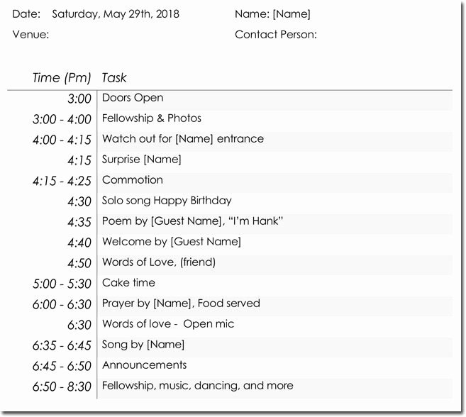 Event Itinerary Template Awesome Birthday Party Itinerary Templates Samples and formats