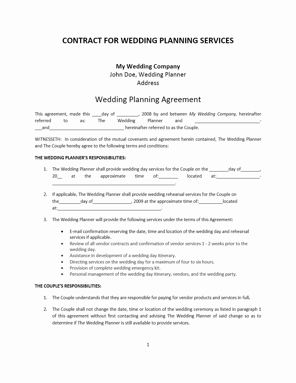 Event Planning Contract Template Free Fresh Wedding Planner Contract Template