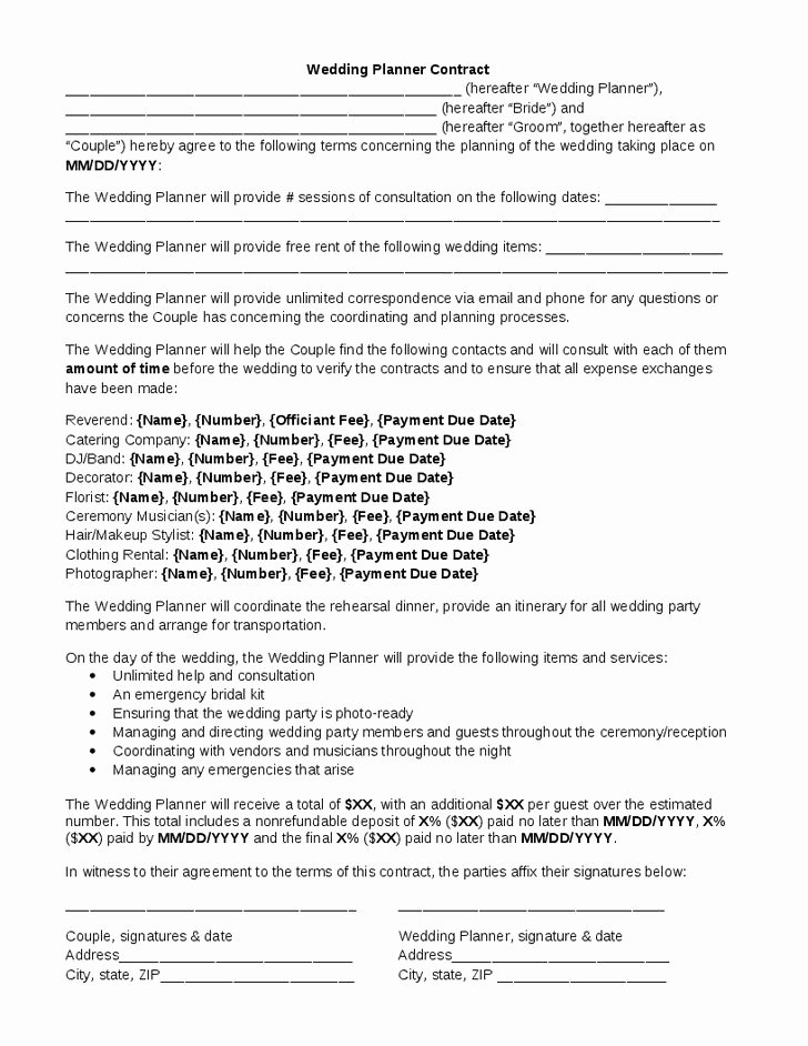 Event Planning Contract Template Free Unique Wedding Planner Contract
