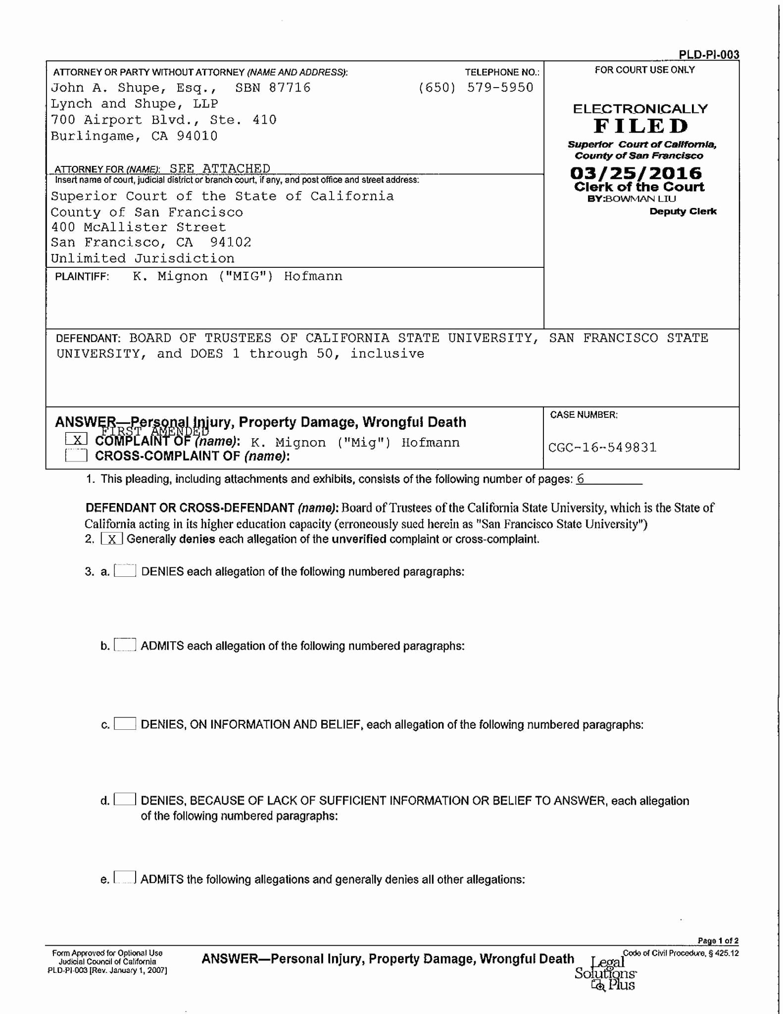 Example Of Answer to Complaint Best Of Answer to First Amended Plaint Hoffman V Csu – Golden