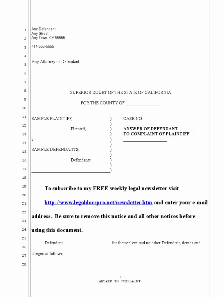 Example Of Answer to Complaint Fresh Download Sample Answer to Personal Injury Plaint In