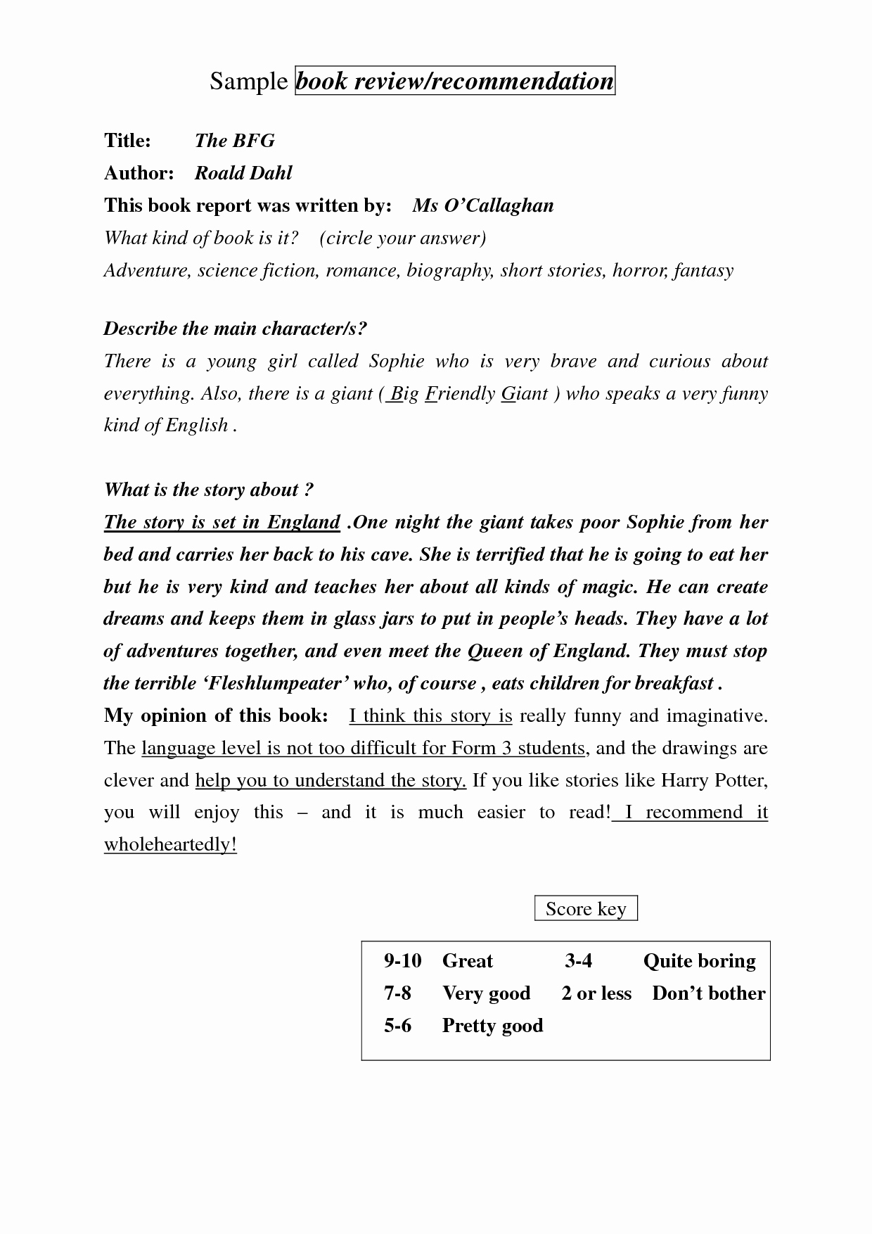 Example Of Book Analysis Fresh Bfg Book Summary Book Reports