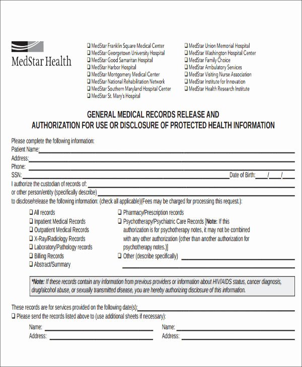 Example Of Hospital Discharge Papers Inspirational Release Medical Information form Sample 9 Examples