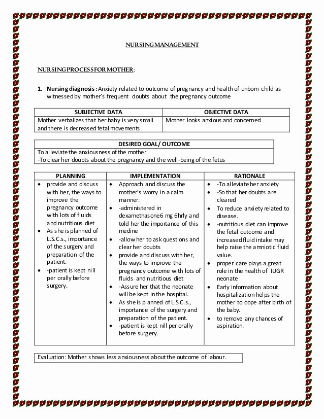 Examples Of Nursing Care Plans for Constipation New Care Plan On Oligohydramnios with Iugr