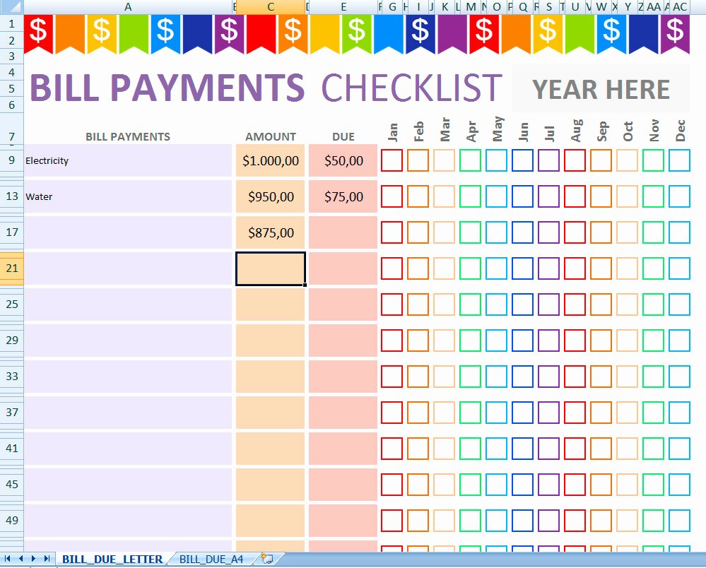 Excel Bill Tracker