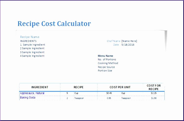 Excel Recipe Template Inspirational 9 Recipe Cost Calculator Exceltemplates Exceltemplates