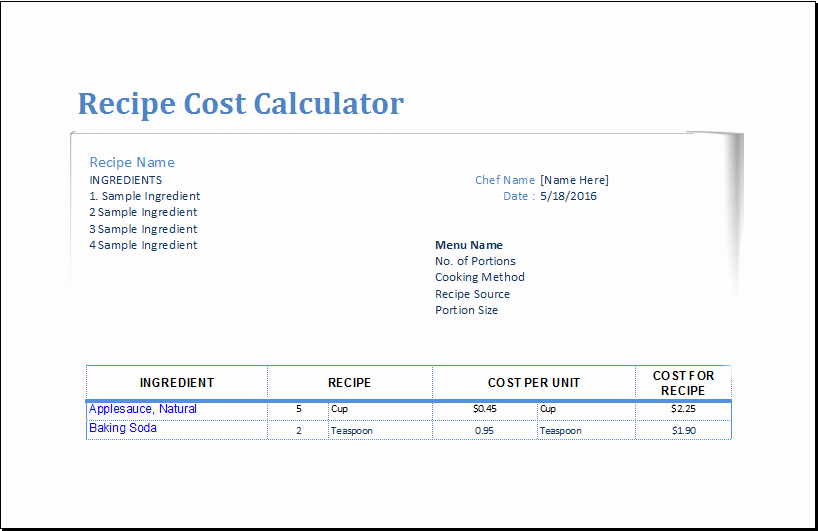 Excel Recipe Template Unique Recipe Cost Calculator Template for Excel