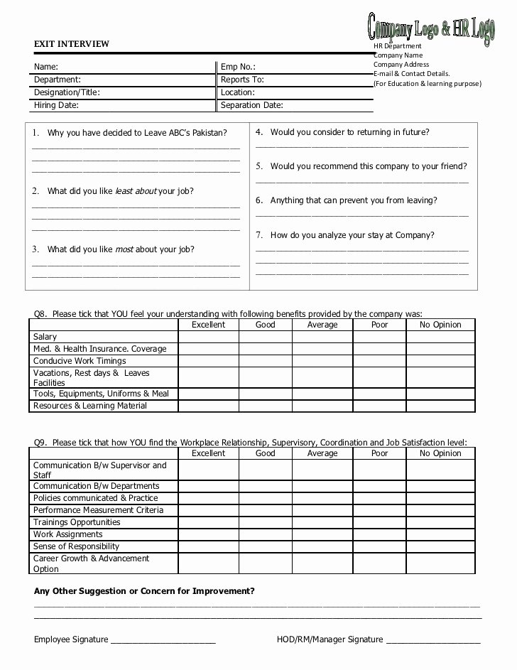 Exit Interview form Pdf Elegant Exit Interview Template