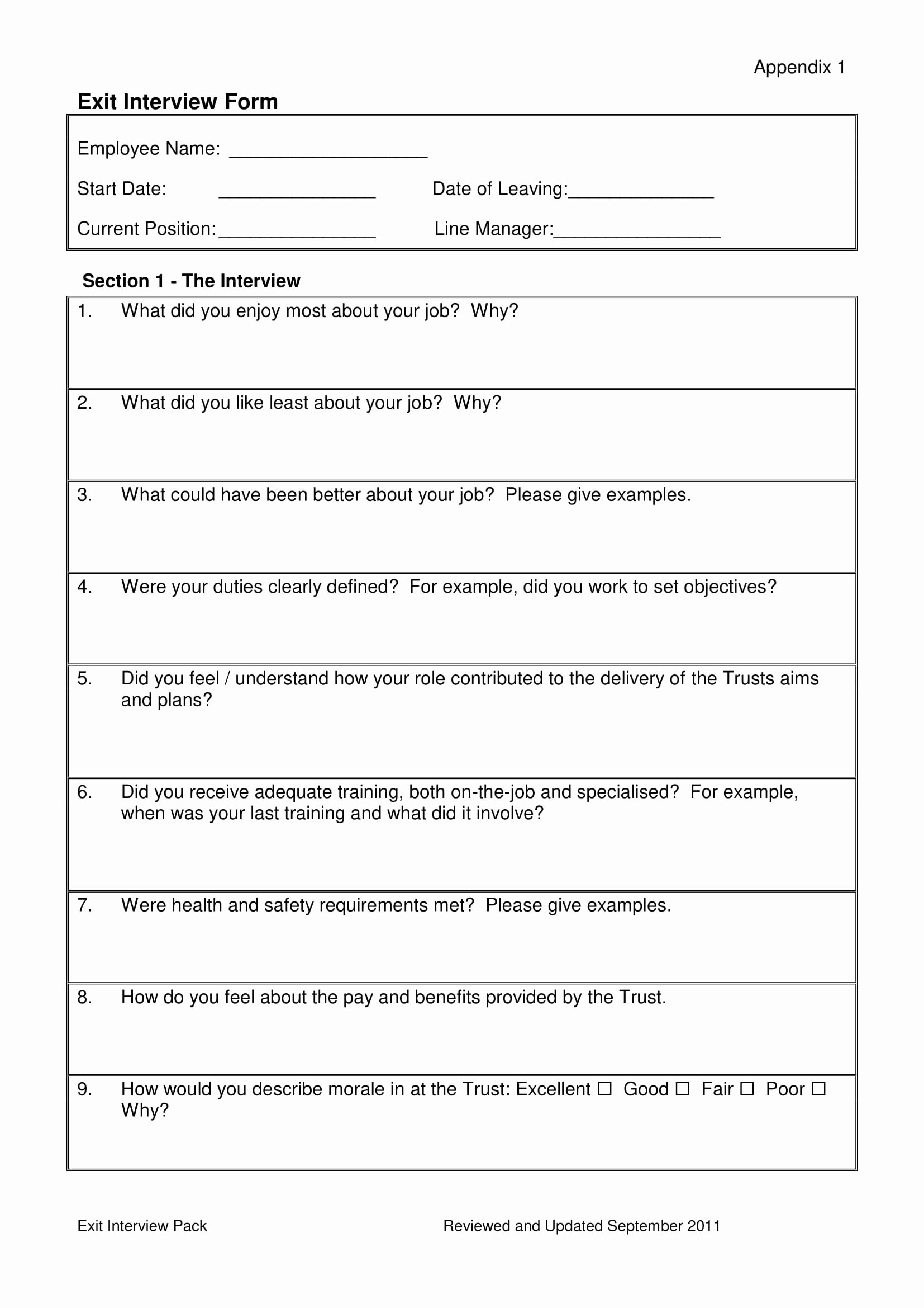Exit Interview Questions and Answers Pdf Awesome 9 Exit Interview form Examples Pdf