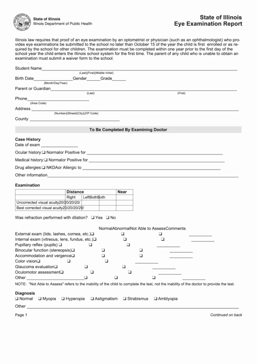 Eye Exam forms Template Inspirational State Illinois Eye Examination Report form Printable