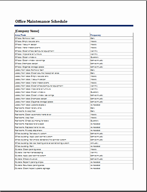 Facility Maintenance Schedule Excel Template Lovely Maintenance Schedule Template