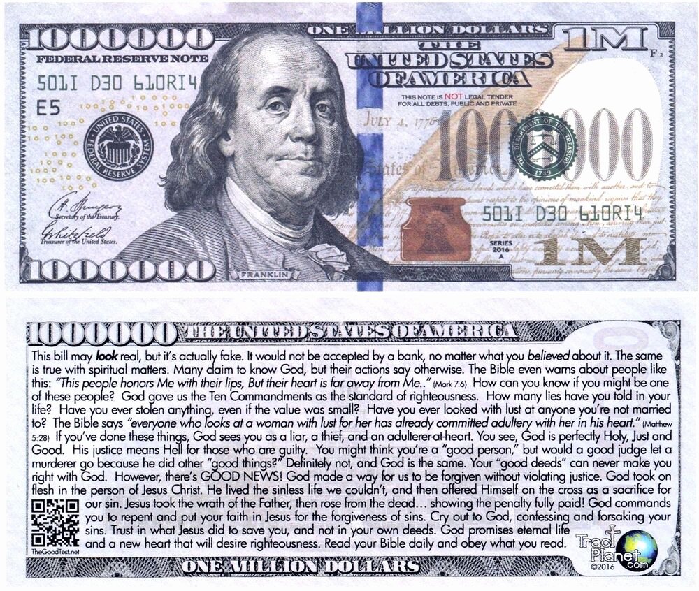 Fake 1000 Dollar Bill Printable Inspirational Blue Franklin Million Dollar Funny Money Gospel Tract