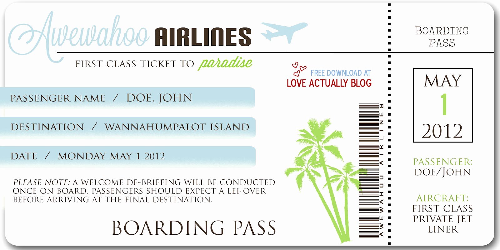 Fake Airline Ticket Template Unique Love Actually Awewahoo Hawaiian themed Date Night at Home