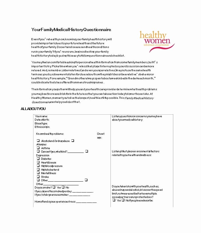 Family Medical History Questionnaire Template Fresh 59 Health History Questionnaire Templates [family Medical]