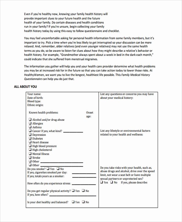 Family Medical History Questionnaire Template Unique 10 Medical History Templates