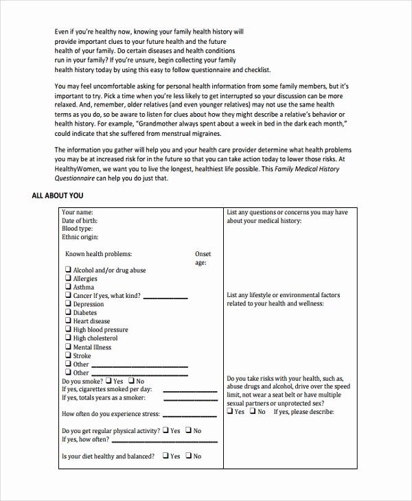 Family Medical History Questionnaire Template Unique 10 Medical History Templates