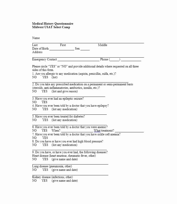 Family Medical History Questionnaire Template Unique 59 Health History Questionnaire Templates [family Medical]