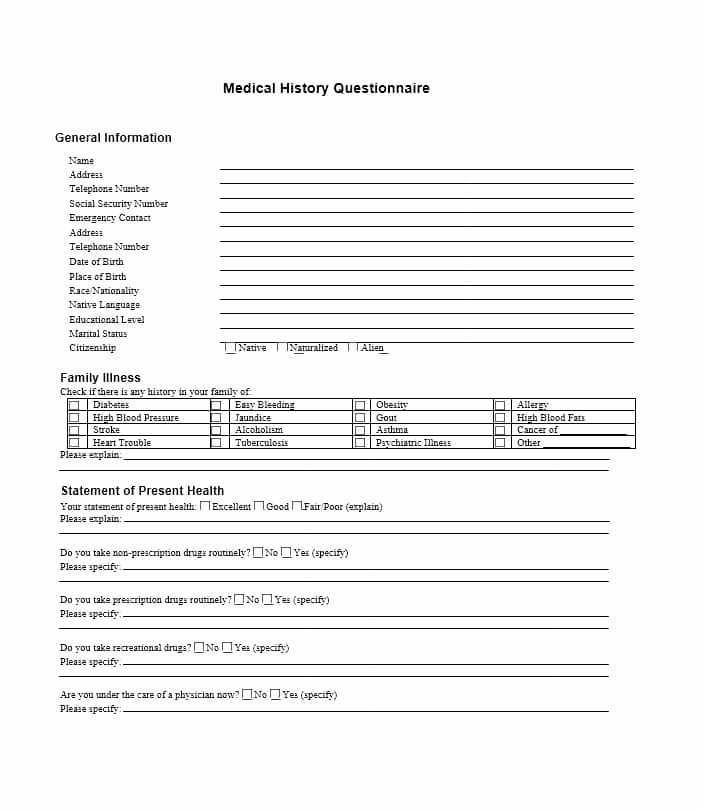 Family Medical History Questionnaire Template Unique 59 Health History Questionnaire Templates [family Medical]