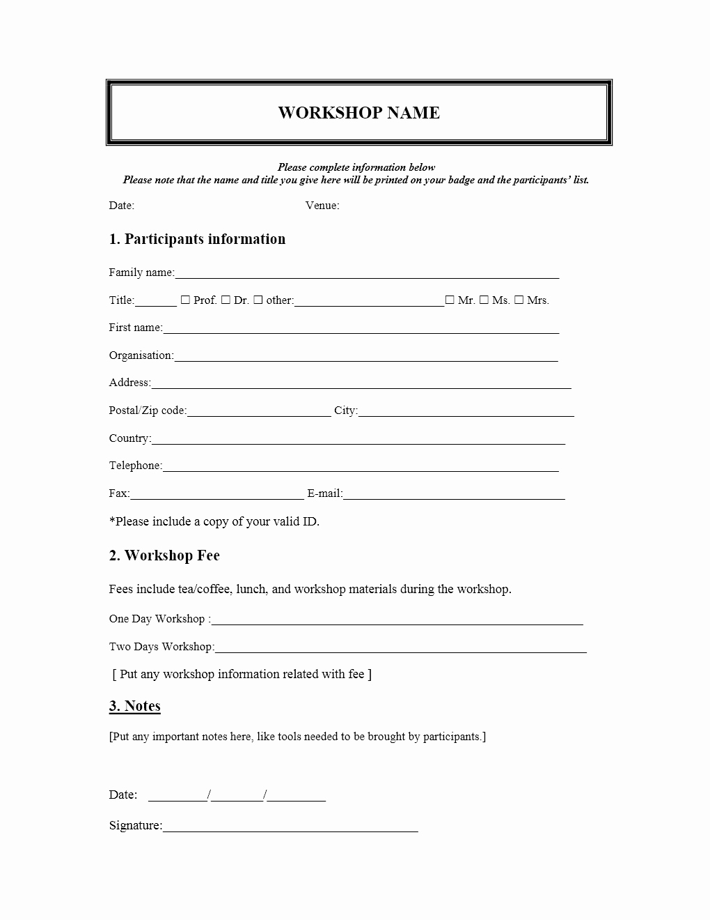 Family Reunion Registration form Doc Unique Workshop Registration form