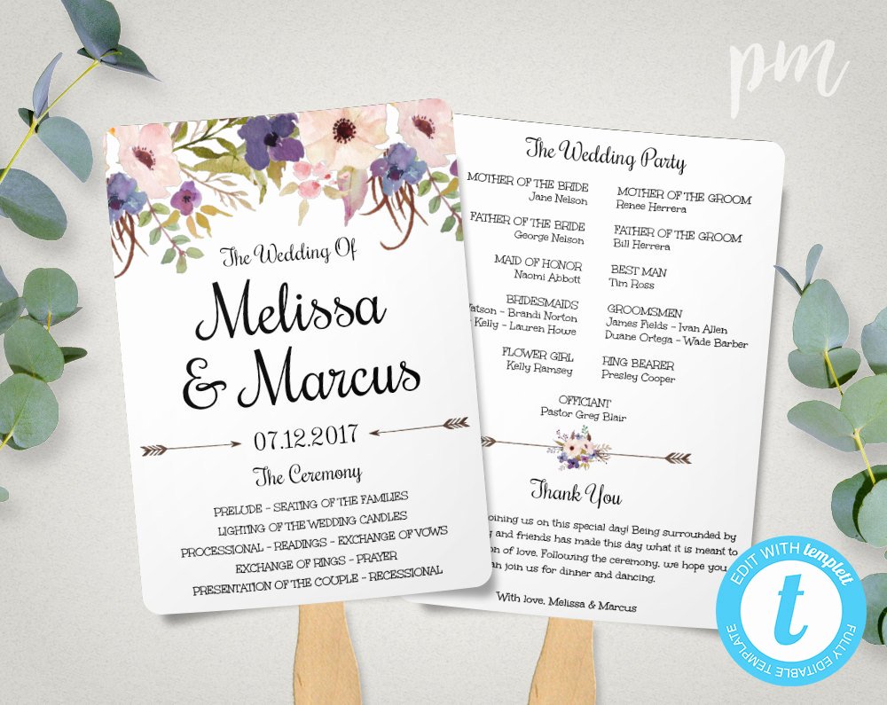 Fan Wedding Programs Templates Fresh Lavender Wedding Program Fan Template Watercolor Flowers