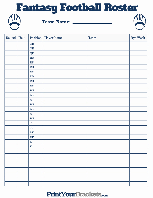 Fantasy Football Roster Sheet Blank Elegant Printable Fantasy Football Roster Sheet