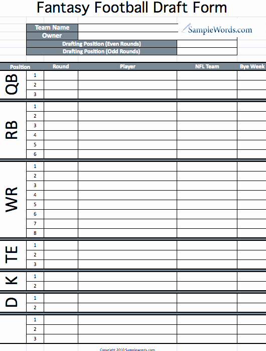 Fantasy Football Roster Sheet Blank New Printable Fantasy Football Draft form