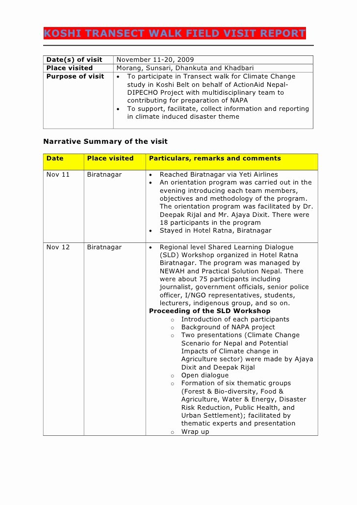 Field Report Template Elegant Climate Change Field Visit Report Nov 09 Arp