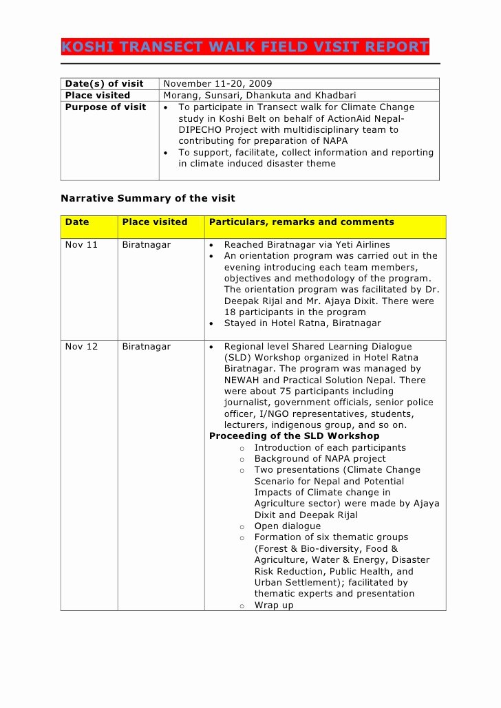 Field Report Template Elegant Climate Change Field Visit Report Nov 09 Arp