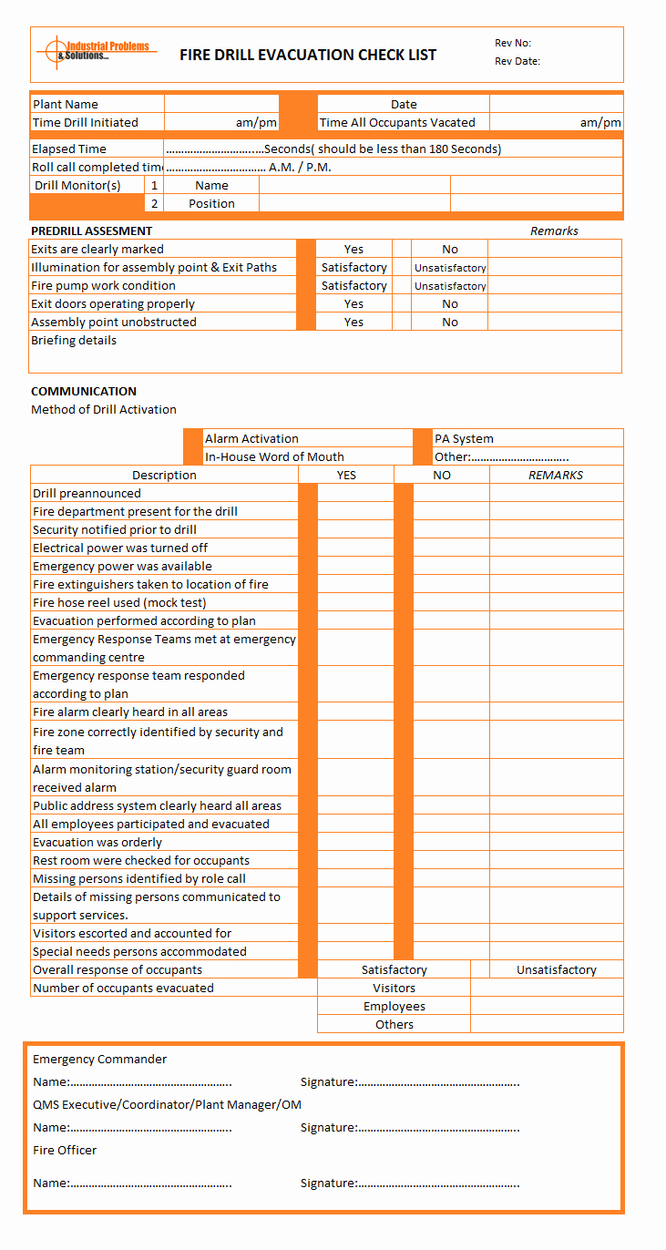 Fire Drill Report Sample Best Of Fire Drill Evacuation Checklist format