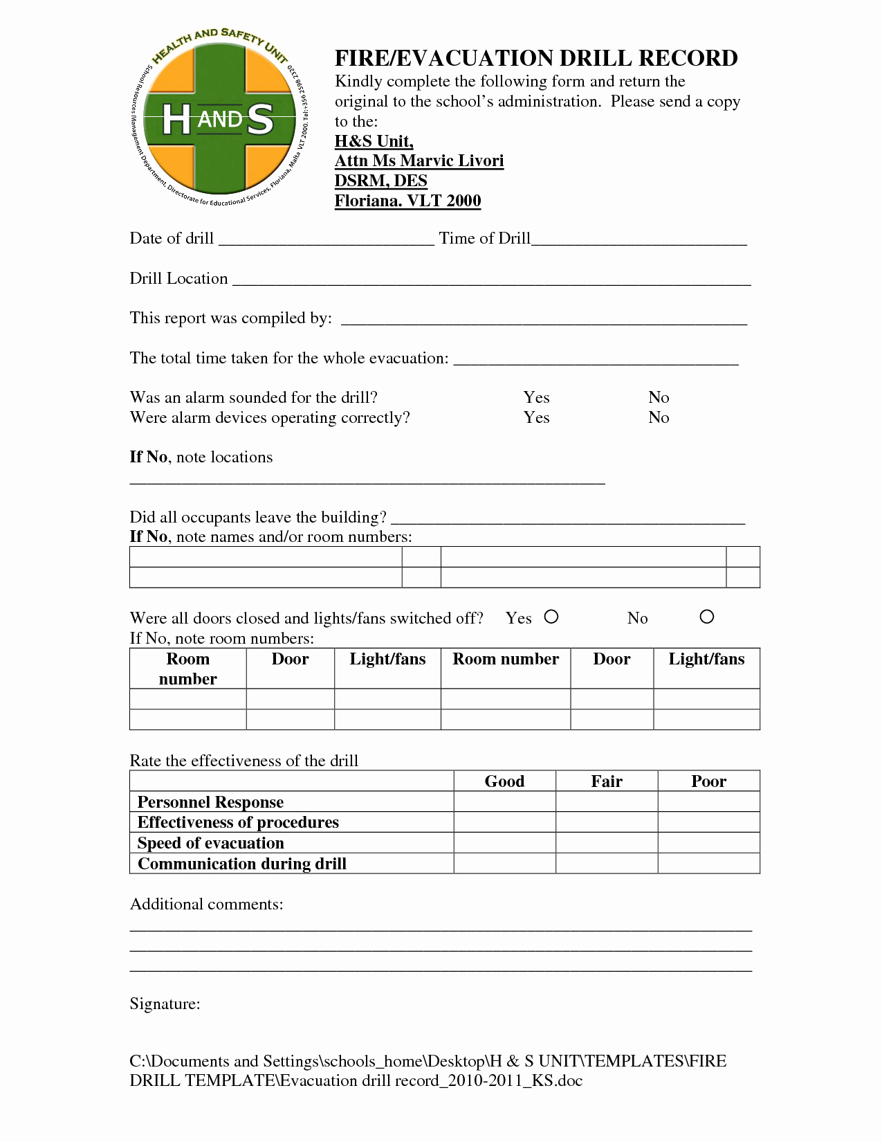 Fire Drill Report Template Luxury Best S Of Acsa Emergency Evacuation Drill form Fire